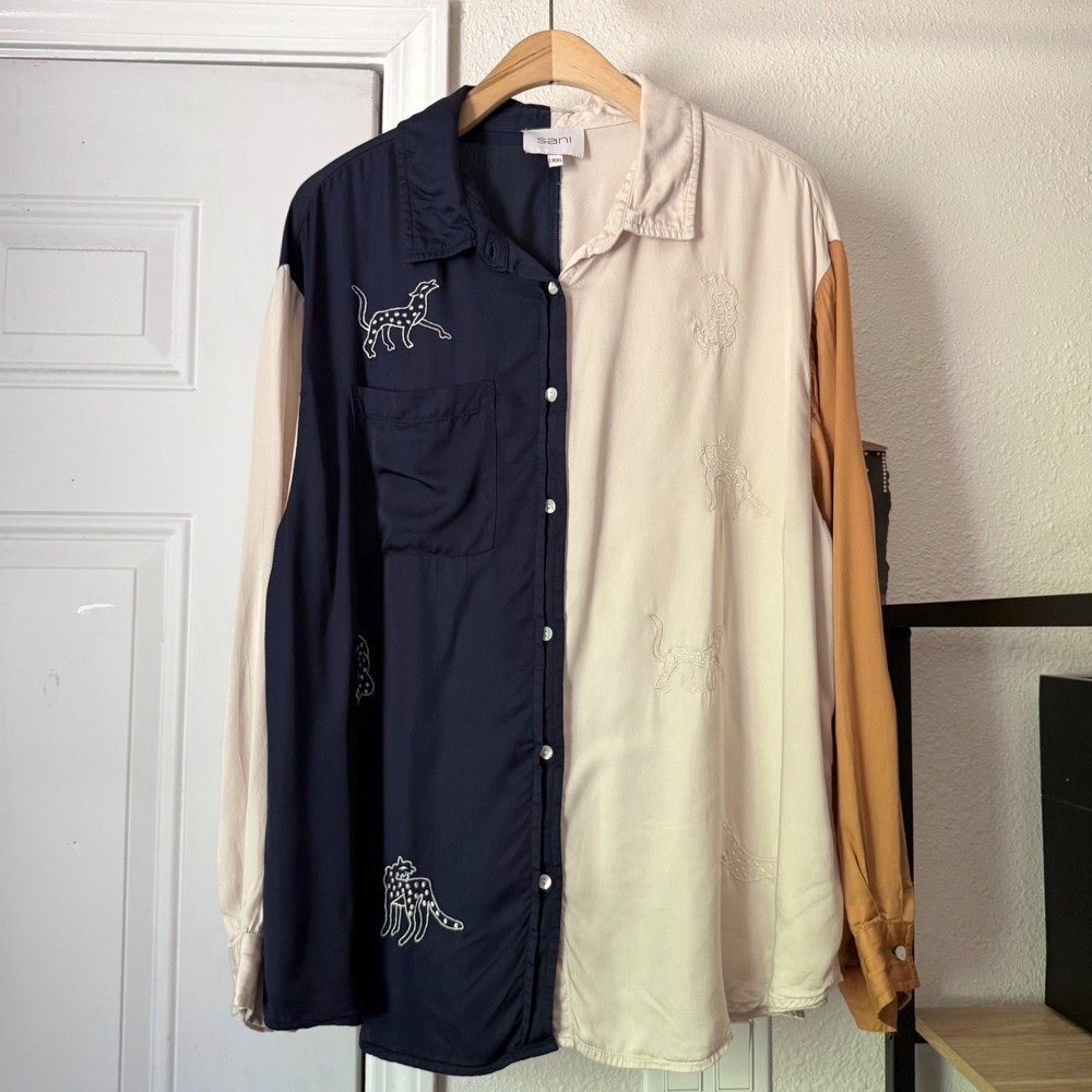 SANI navy white mustard colorblock animal embroidery long sleeve button up shirt